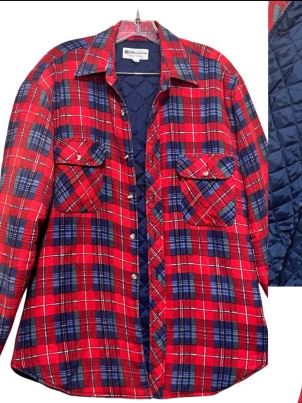Vintage Warm Red and Blue Plaid Flannel Button Down Quilted Puff Liner M/L